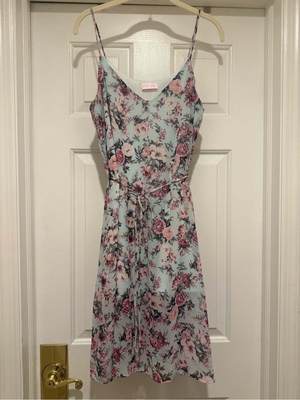 Pink Lily Light Blue Floral Midi Dress with Pink Rose Print - Picture 1 of 9